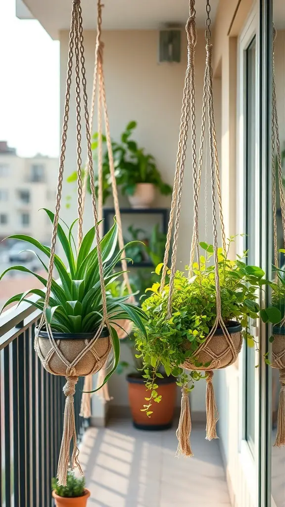 A balcony with macrame planters hanging, featuring green plants.