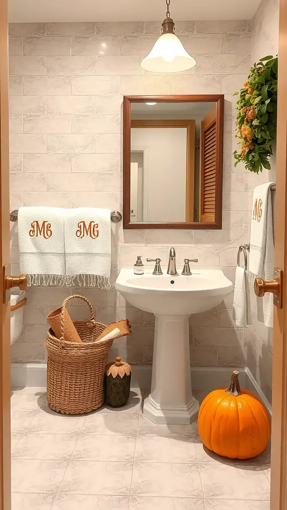 27+ Cozy Fall Bathroom Decor Ideas to Refresh Your Space 12 A cozy bathroom decorated for fall with personalized towels, a pumpkin, and a floral wreath.