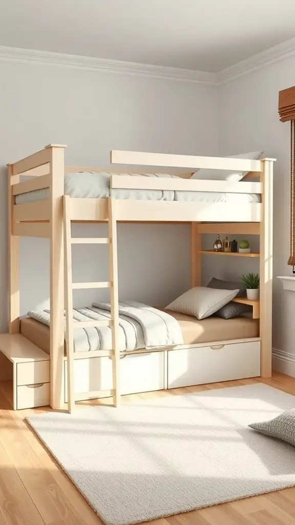 15+ Creative Adult Bunk Bed Ideas for Small Rooms 12 Bunk bed with integrated nightstand and storage drawers in a small room