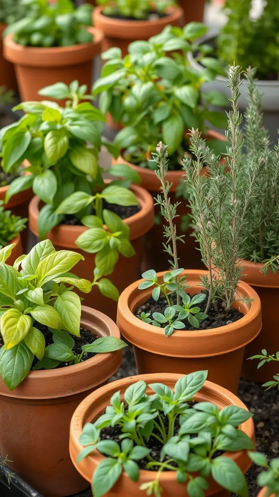 25+ Stunning Italian Garden Ideas for Your Outdoor Space 3 A variety of herbs in terracotta pots, including basil, oregano, and rosemary, ideal for an Italian garden.