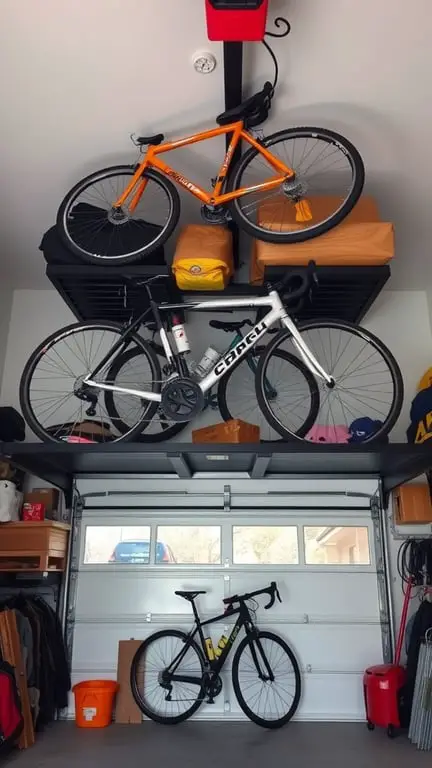 19+ Creative Garage Loft Storage Ideas You Need to Try 8 A garage with two bikes stored on overhead racks, showcasing organized storage.
