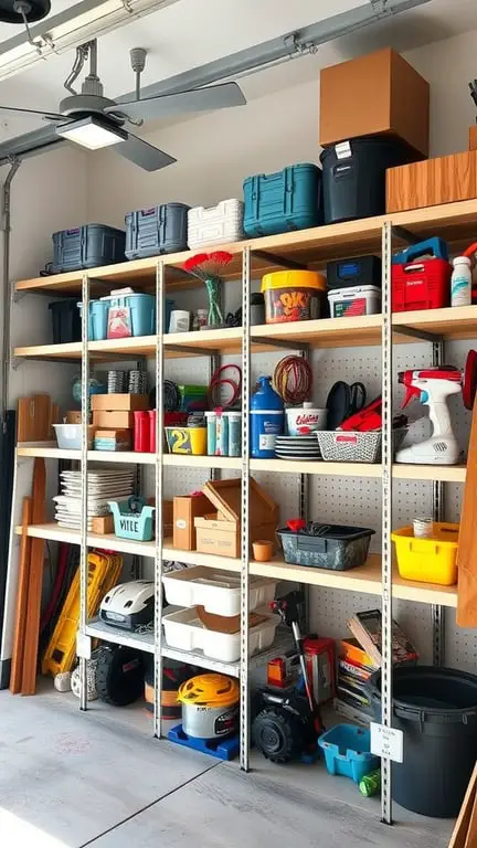 21+ Innovative Garage Layout Ideas You'll Love 17 A well-organized garage shelving unit with various storage bins and tools.