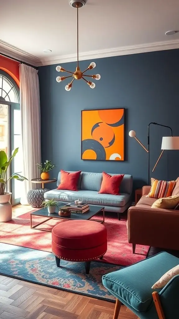 27+ Stunning Pottery Barn Living Room Ideas You’ll Love 10 A vibrant living room featuring deep blue walls, colorful artwork, and a mix of furniture in bold colors.