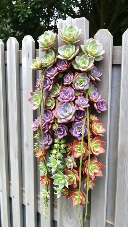 19+ Stunning Backyard Plants to Grow Along Your Fence 16 A vibrant succulent wall display on a wooden fence, featuring various colors and shapes of succulents.