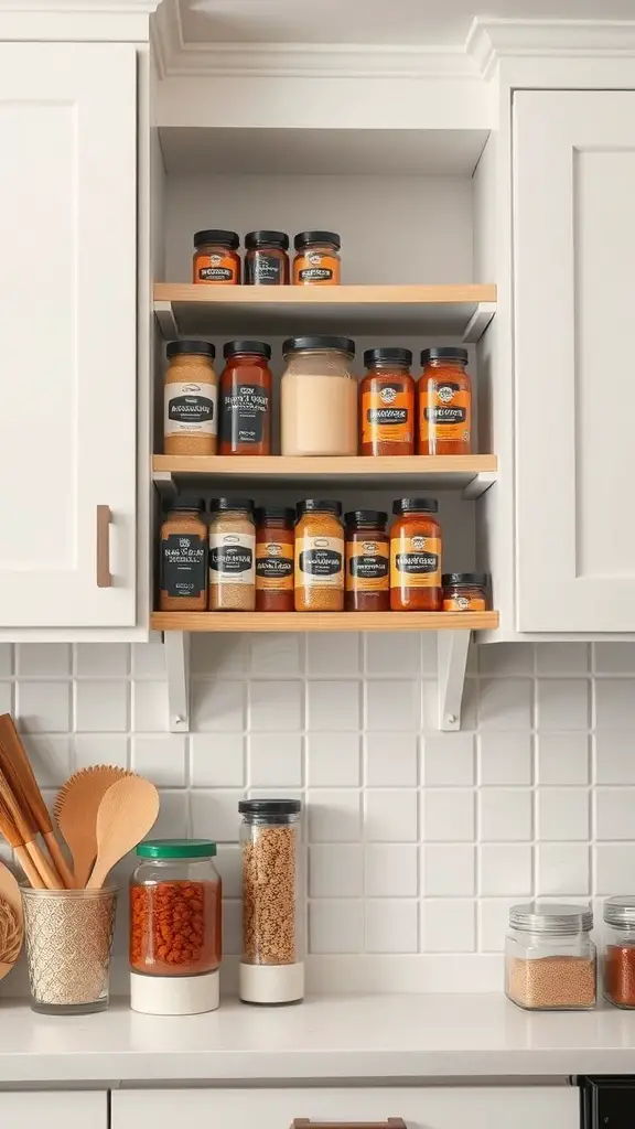 19+ Creative Spice Rack Ideas to Organize Your Kitchen 10 A well-organized under-shelf spice storage with various spice jars on a wooden shelf.