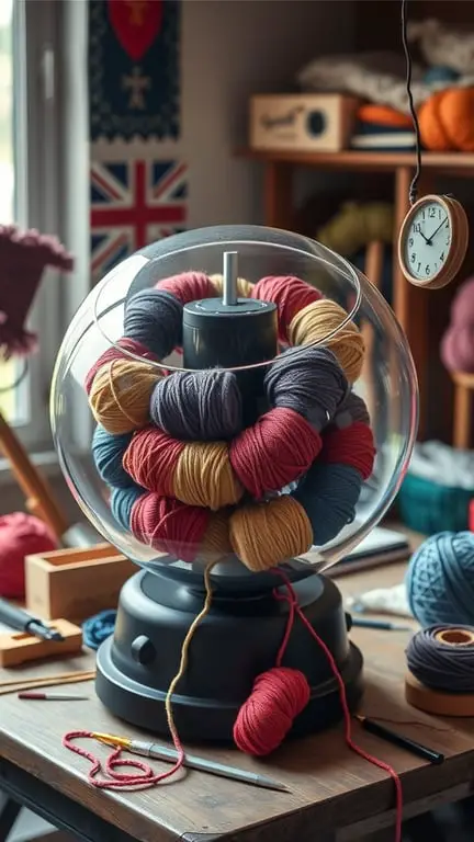25+ Creative Yarn Storage Ideas for Organizing Your Stash 2 A rotating yarn dispenser filled with colorful yarns on a crafting table