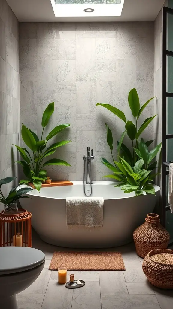 25+ Spa Bathroom Ideas for a Relaxing Retreat at Home 7 A serene bathroom with indoor plants, a freestanding bathtub, and natural decor elements.