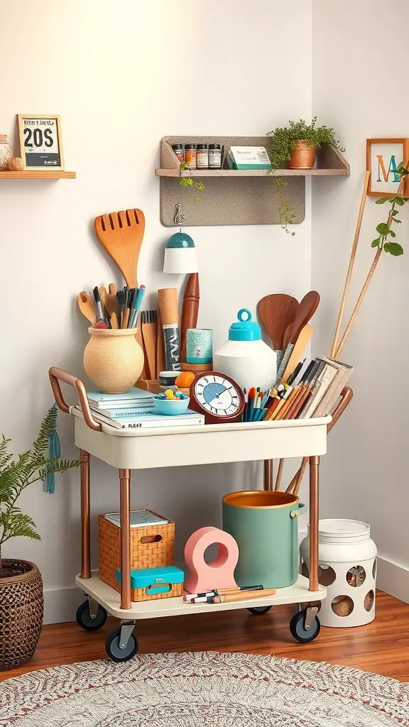 25 Creative Craft Organization Ideas You’ll Love 6 A rolling cart filled with various craft supplies, including tools, books, and colorful containers.
