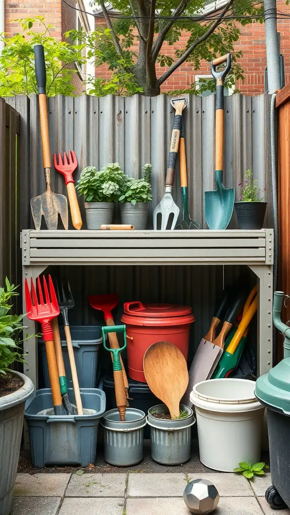 23+ Creative Small City Backyard Ideas for Your Outdoor Space 16 Organized storage solution in a small city backyard with gardening tools and potted plants.