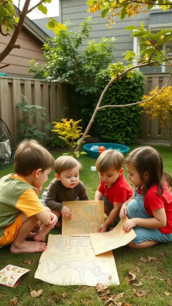 23+ Creative Curious George Birthday Party Ideas for a Fun Celebration 16 Children gathered around a treasure map in a backyard, excited for a treasure hunt.