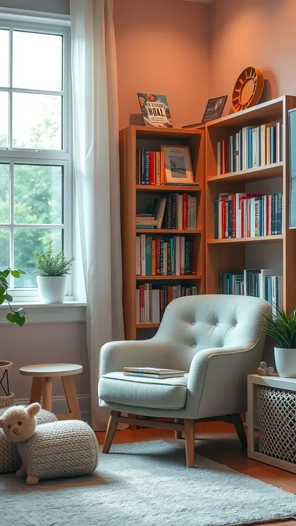 23+ Cozy Homeschool Room Ideas for a Perfect Learning Space 4 A cozy reading nook featuring a soft chair, bookshelves, and warm lighting.