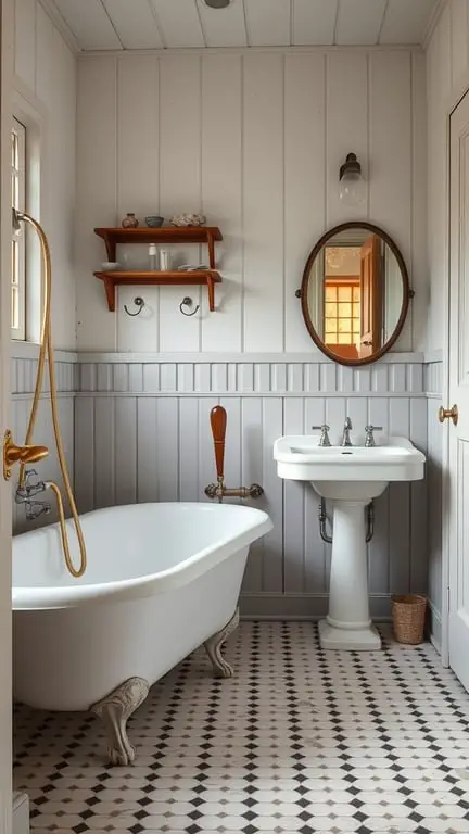 31+ Inspiring Farmhouse Bathroom Ideas You’ll Love 10 A vintage farmhouse bathroom featuring a clawfoot tub, classic sink, wooden shelf, and patterned floor tiles.