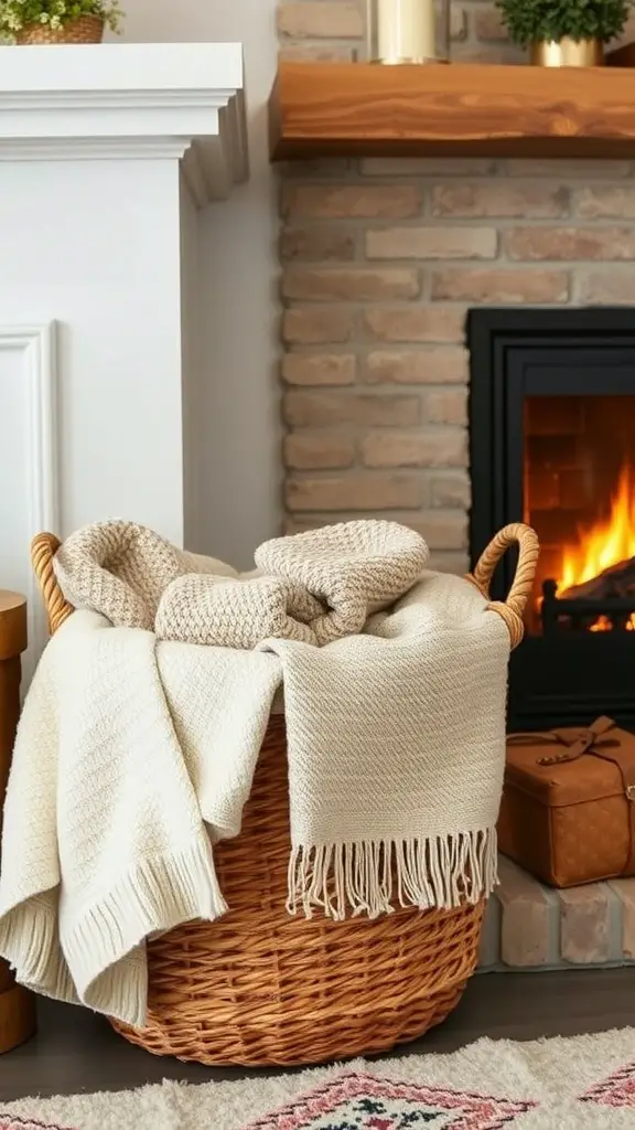 A woven basket filled with cozy blankets next to a fireplace