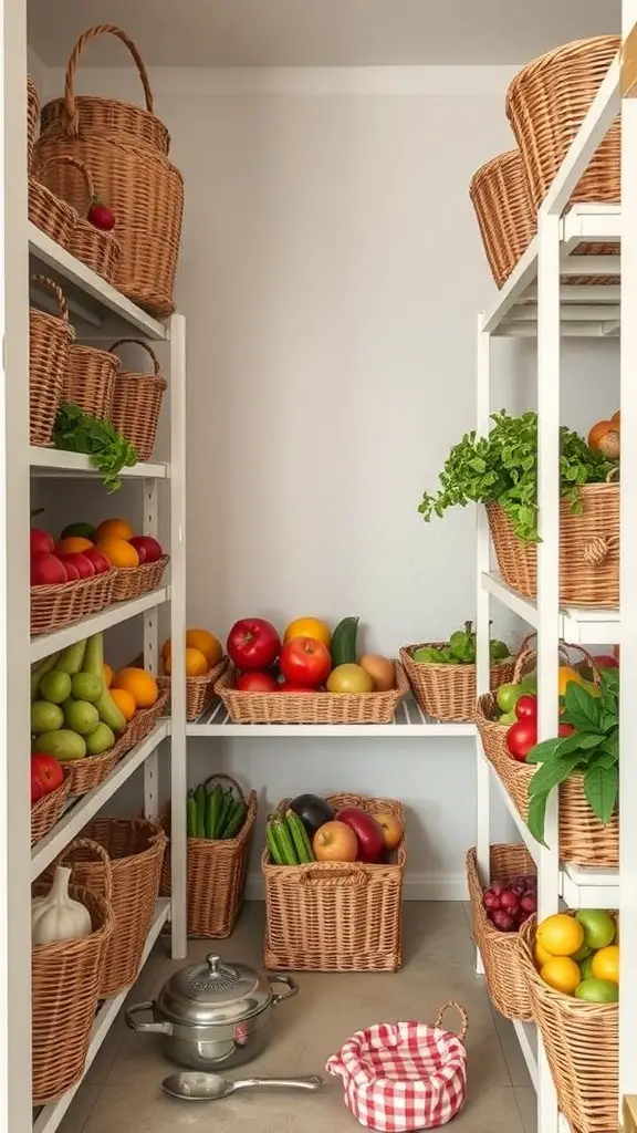 19+ Creative Small Corner Pantry Ideas to Maximize Your Space 10 A well-organized corner pantry with woven baskets holding fruits and vegetables on white shelves.