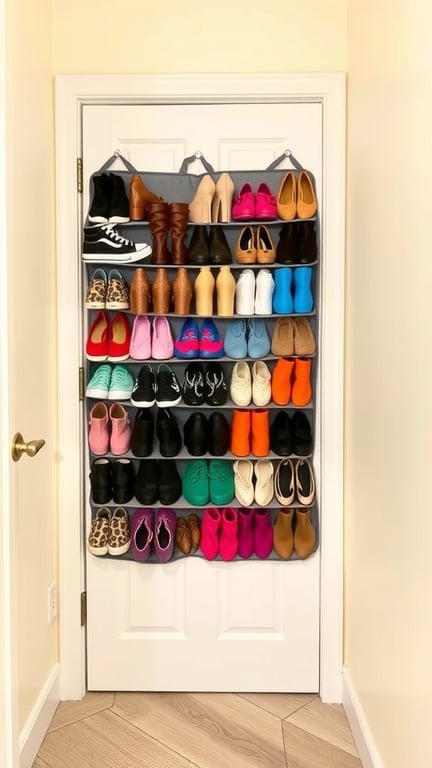 25 Creative Storage Ideas for Small Spaces 3 A door-mounted shoe organizer filled with various colorful shoes.
