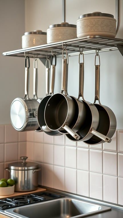 21 Creative Kitchen Appliance Storage Solutions You Need to Try 2 A kitchen with a metal rack displaying hanging pots and pans, along with stacked cookware on a shelf.