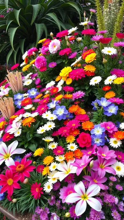 19+ Stunning Tiered Garden Ideas to Elevate Your Outdoor Space 9 A vibrant display of various flowering plants in bright colors.