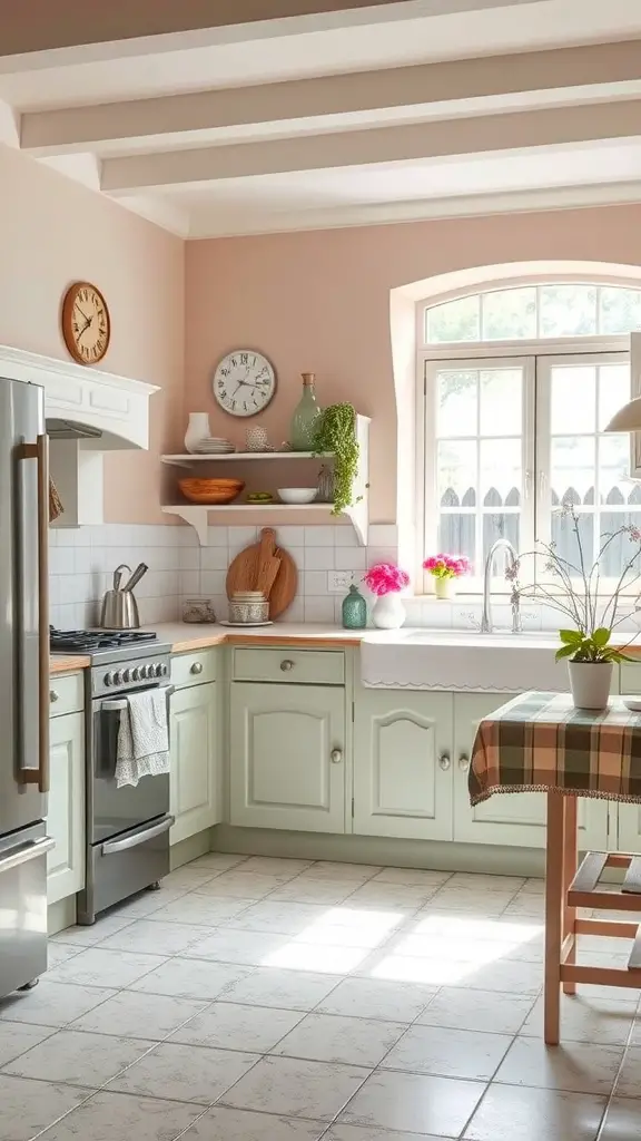 21+ Enchanting Cottagecore Kitchen Ideas to Transform Your Space 20 A cozy cottage core kitchen featuring soft pastel colors with light green cabinets and pink walls.