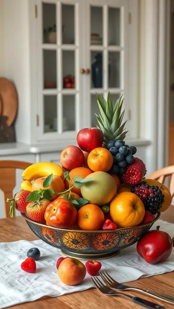 21+ Enchanting Cottagecore Kitchen Ideas to Transform Your Space 15 A vibrant fruit bowl filled with apples, lemons, and berries, placed on a wooden table in a cozy kitchen.