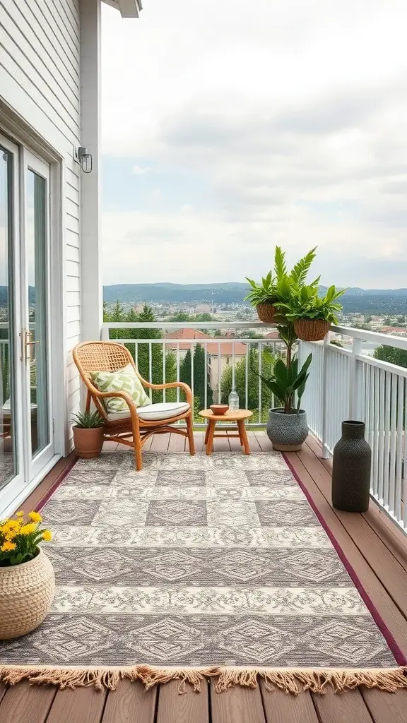 21+ Creative Balcony Privacy Ideas You’ll Love 10 A cozy balcony with a patterned outdoor rug, a chair, and potted plants.