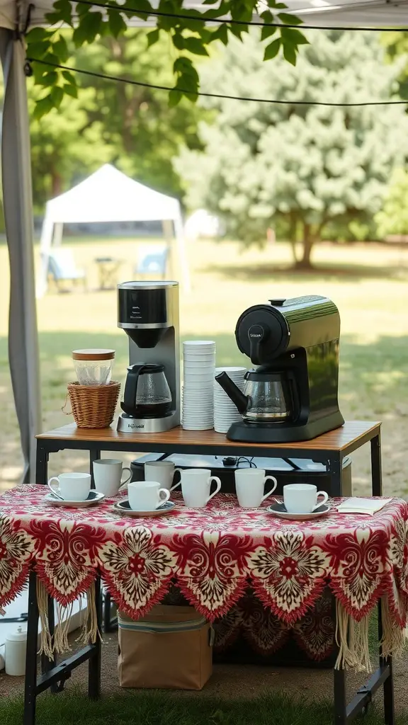 27+ Charming Small Coffee Bar Ideas to Transform Your Space 14 Portable coffee station set up for an outdoor event with coffee makers, cups, and a decorative tablecloth.