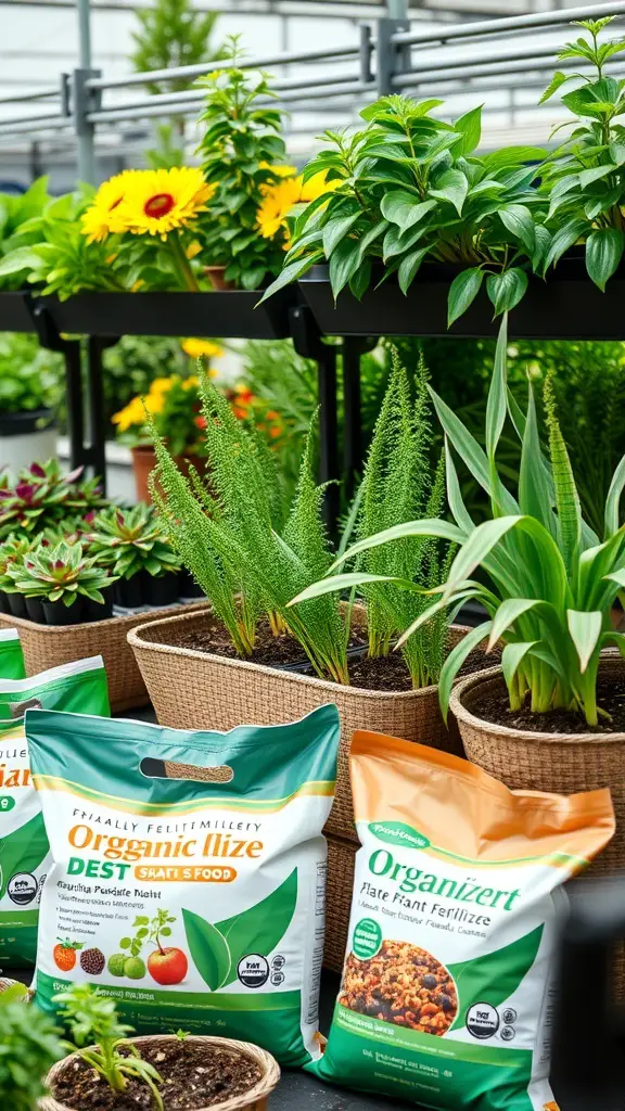 A variety of plants and bags of organic fertilizers in a garden nursery.