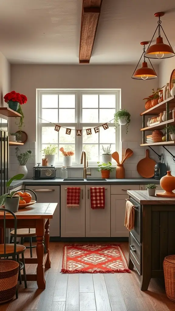 21+ Stunning Fall Kitchen Decor Ideas to Elevate Your Space 7 A cozy kitchen decorated with warm earthy colors, featuring wooden shelves, potted plants, and seasonal decor.