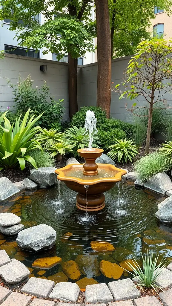 23+ Creative Small City Backyard Ideas for Your Outdoor Space 14 A small fountain in a backyard surrounded by plants and stones.
