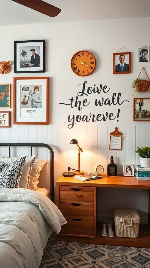 A cozy Stockholm style bedroom with personalized accessories, featuring a mix of wall art, blue bedding, and wooden furniture.