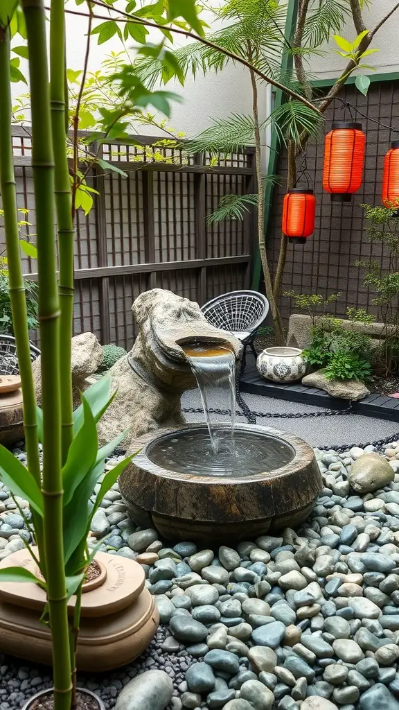 19+ Beautiful Small Garden Waterfalls to Transform Your Outdoor Space 13 A serene Zen bamboo fountain surrounded by pebbles and greenery, with red lanterns in the background.