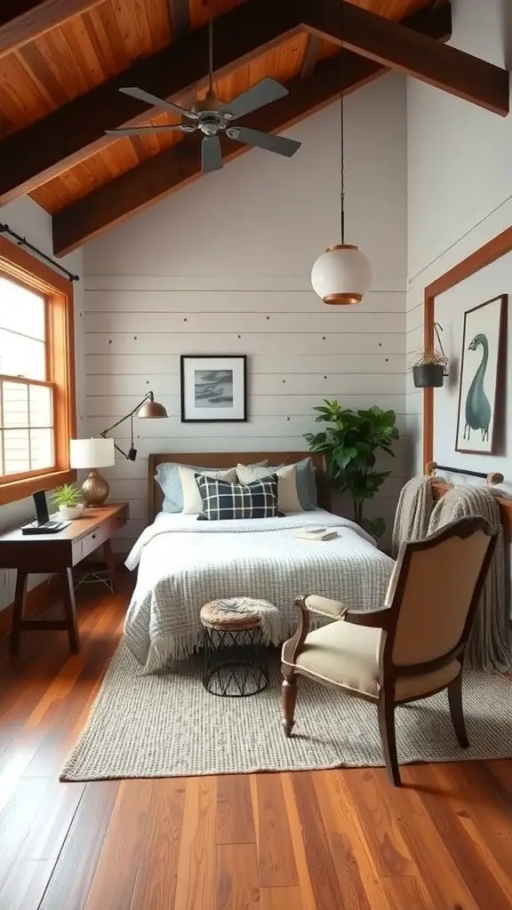 19+ Charming Barndominium Ideas for Cozy Living 9 Cozy bedroom in a small barndominium featuring a bed, desk, and plants.