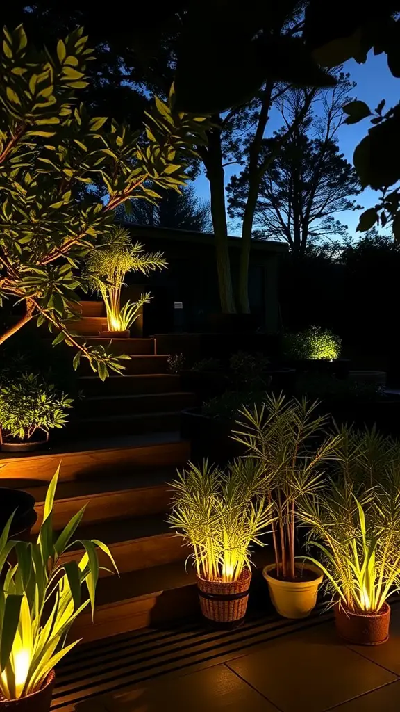 19+ Inspiring Terraced Landscaping Ideas for Your Outdoor Space 5 A beautifully lit terraced landscape at night with plants and steps illuminated.