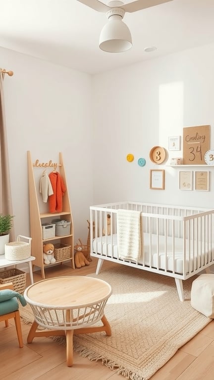 31+ Creative Small Nursery Ideas for Space-Saving Solutions 14 A cozy nursery featuring a crib, shelving unit, and soft rug, designed for flexibility and comfort.