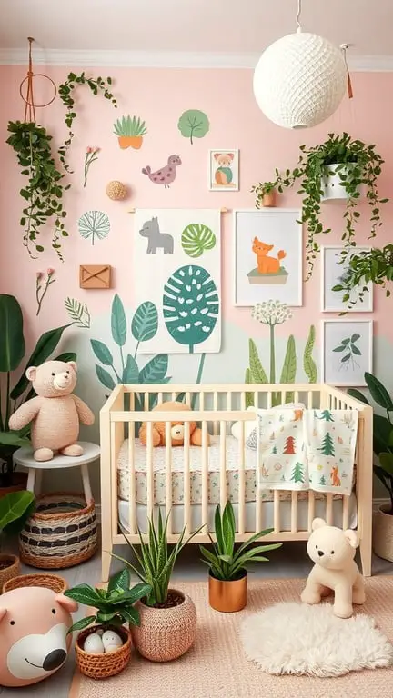 31+ Gorgeous Pink and Green Nursery Ideas for a Dreamy Space 14 A nature-inspired nursery featuring pink and green colors, playful animal illustrations, and various plants.