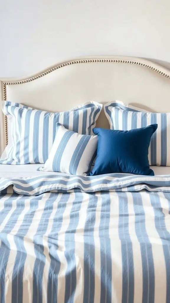 Blue and white striped bedding with various pillows on a bed