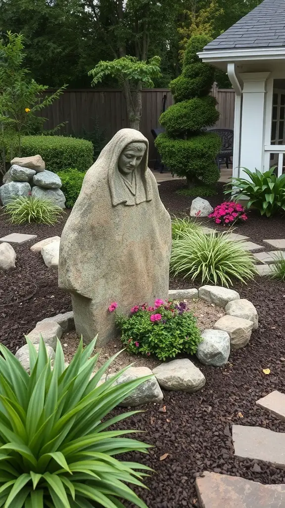 25+ Inspiring Hardscape Backyard Ideas for Your Outdoor Oasis 11 A unique stone sculpture of a figure surrounded by flowers and greenery in a backyard setting.