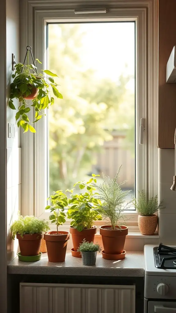 A sunny windowsill with various potted herbs in terracotta pots.