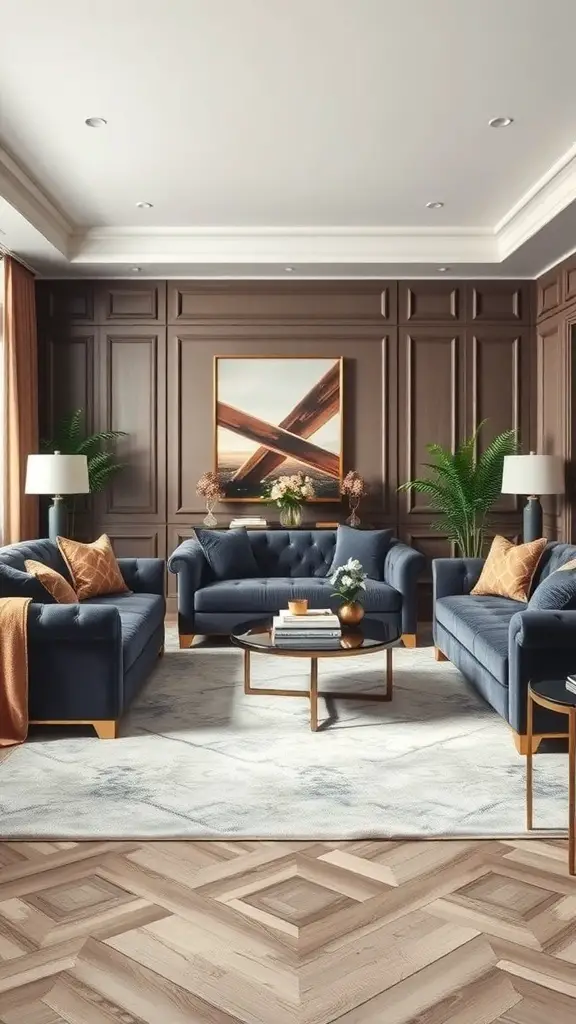 27+ Stunning Pottery Barn Living Room Ideas You’ll Love 9 Luxurious living room with blue velvet sofas, brown walls, and stylish decor