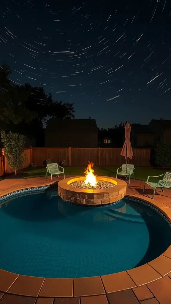 23+ Stunning Semi Inground Pool Ideas for Your Backyard Oasis 12 A cozy fire pit surrounded by a semi-inground pool at night.