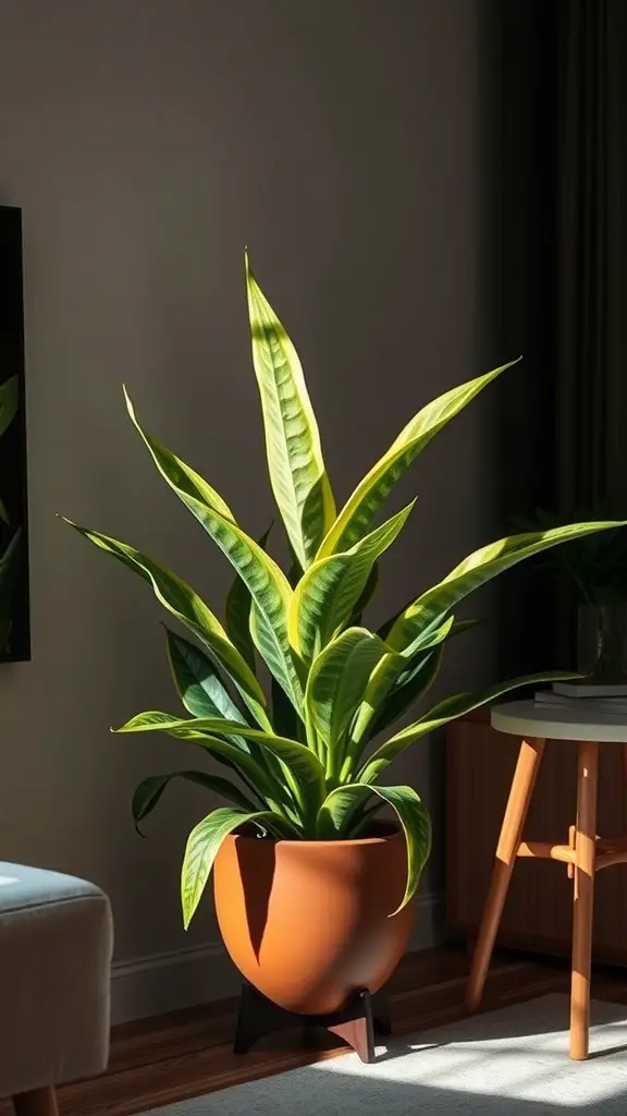 37+ Best Indoor Plants for Low Light Living Spaces 6 A vibrant Snake Plant with tall green and yellow striped leaves in a stylish pot, placed in a modern indoor setting.