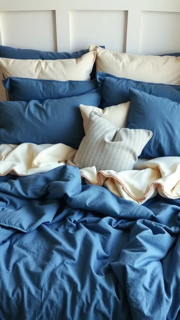 19+ Inspiring Blue and Cream Bedroom Ideas for a Cozy Retreat 21 Layered blue and cream bedding with various pillows