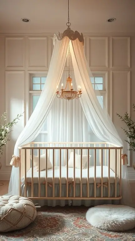 25+ Adorable Newborn Room Ideas to Inspire Your Nursery Design 11 A cozy nursery featuring a canopy crib with a chandelier, soft cushions, and a plush rug.