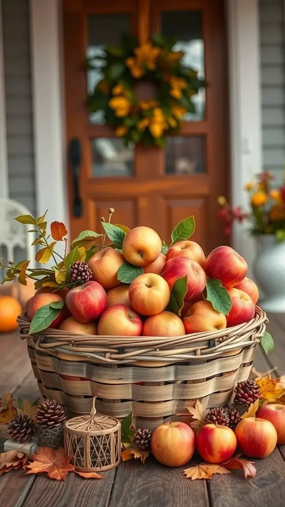 25+ Stunning Fall Front Door Decor Ideas to Transform Your Home 12 A basket filled with apples, surrounded by leaves and pinecones, set against a front door.
