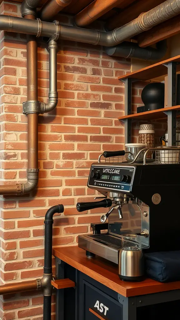 21 Unique Coffee Corner Ideas to Enhance Your Home Decor 6 An urban industrial coffee station featuring a sleek espresso machine, exposed brick wall, and metal pipes.