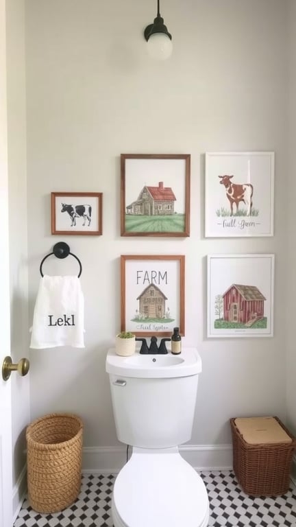 31+ Inspiring Farmhouse Bathroom Ideas You’ll Love 11 Farm-inspired artwork displayed on a bathroom wall featuring a cow, farmhouse, and barn illustrations.