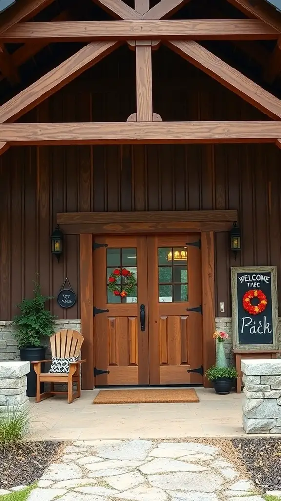 19+ Charming Barndominium Ideas for Cozy Living 13 A welcoming barndominium entryway featuring wooden doors, a stone facade, a chair, and decorative plants.
