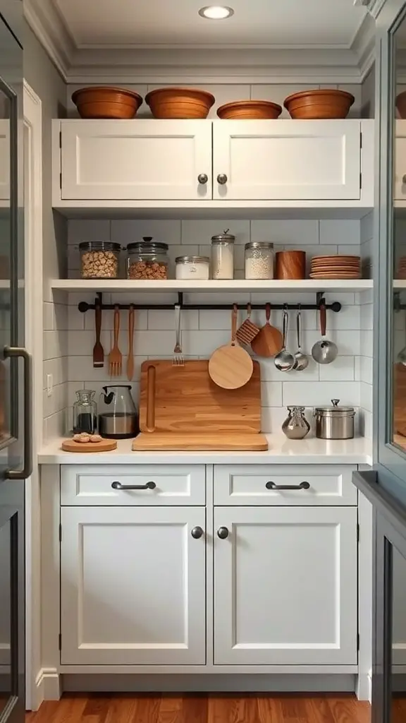 A well-organized butler's pantry with open shelving, wooden bowls, and cooking utensils.