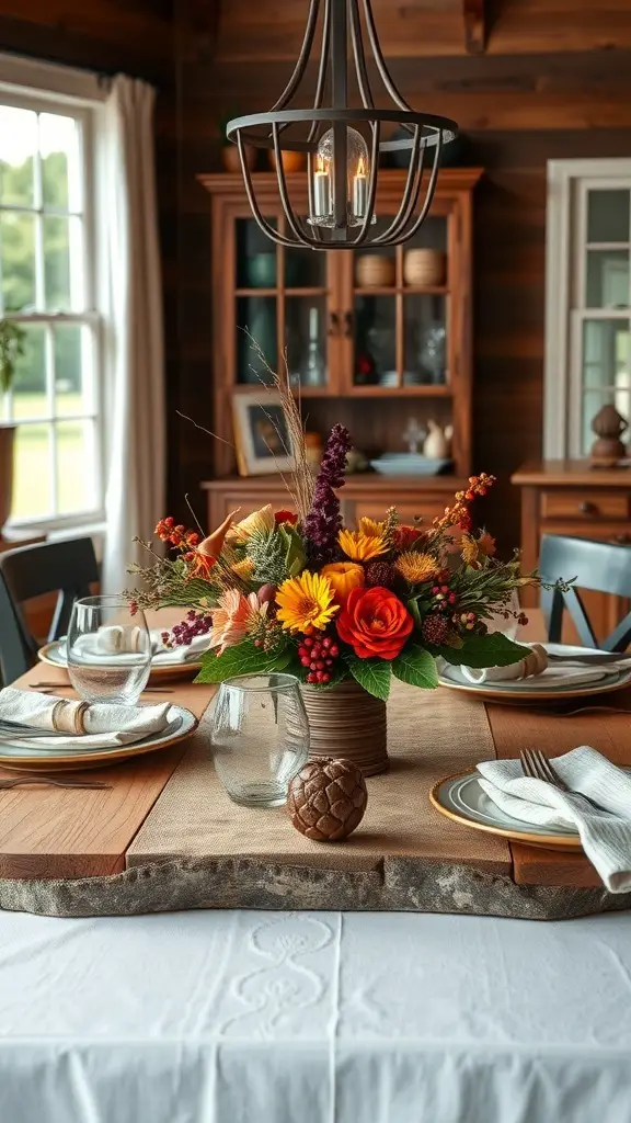 A rustic dining table set with a vibrant floral centerpiece, featuring sunflowers and roses, surrounded by elegant dinnerware.