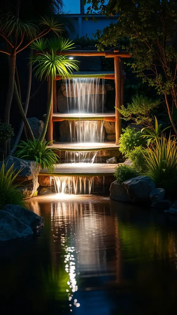 19+ Beautiful Small Garden Waterfalls to Transform Your Outdoor Space 17 A beautifully illuminated night waterfall in a garden setting