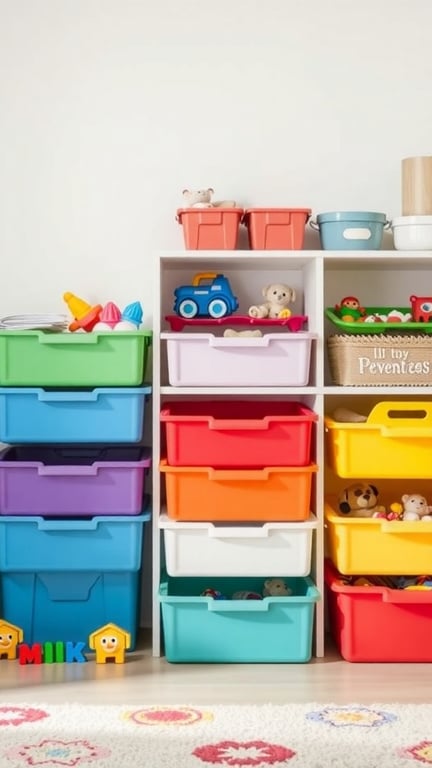 25 Creative Storage Ideas for Small Spaces 8 Colorful stackable storage bins organized on shelves, ideal for small spaces.